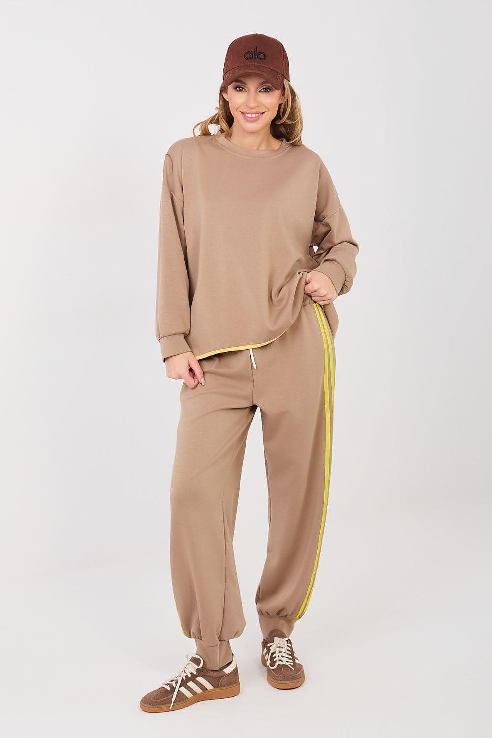 Beige tracksuit set with yellow trim, sweatshirt and jogger pants