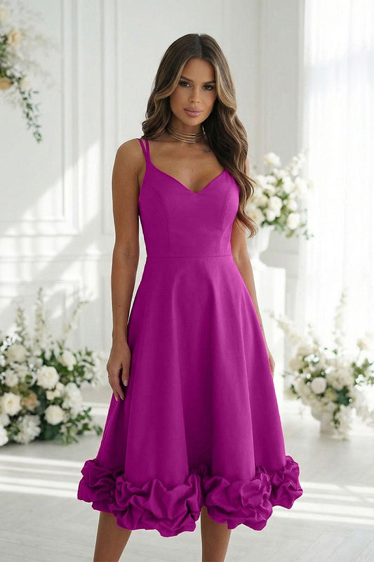 Violet cocktail dress with spaghetti straps, V-neck, and gathered ruffle hem