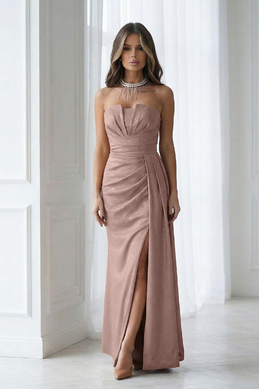 Bicotone long dress, strapless sweetheart with draped bodice and front slit, dusty rose