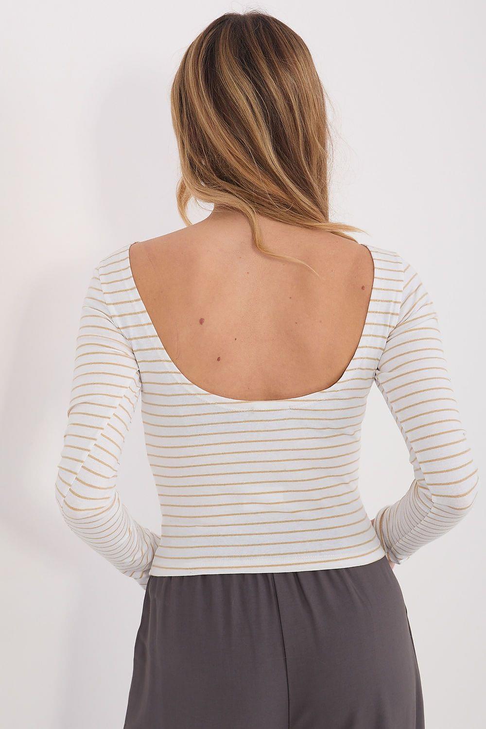 Striped long-sleeve blouse with scooped open back, white with thin dark horizontal stripes