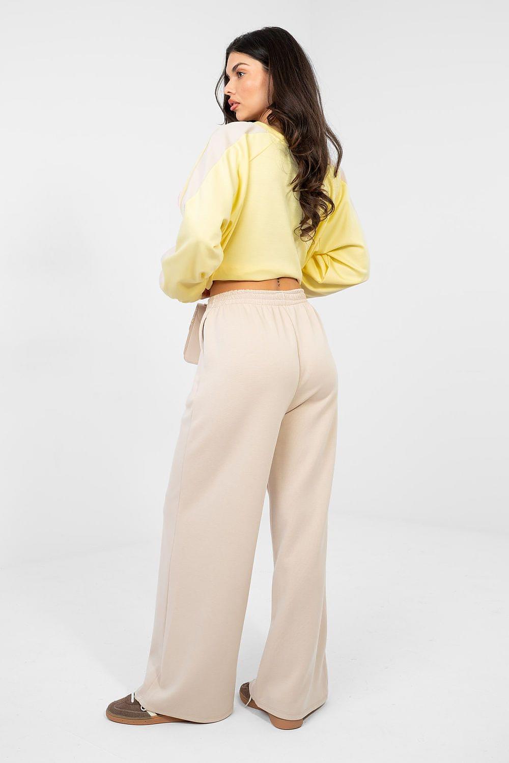 Two-piece set: yellow long-sleeve top and beige wide-leg trousers, back view