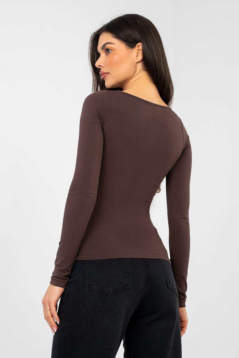 Brown long-sleeve blouse with round neckline, back/side view