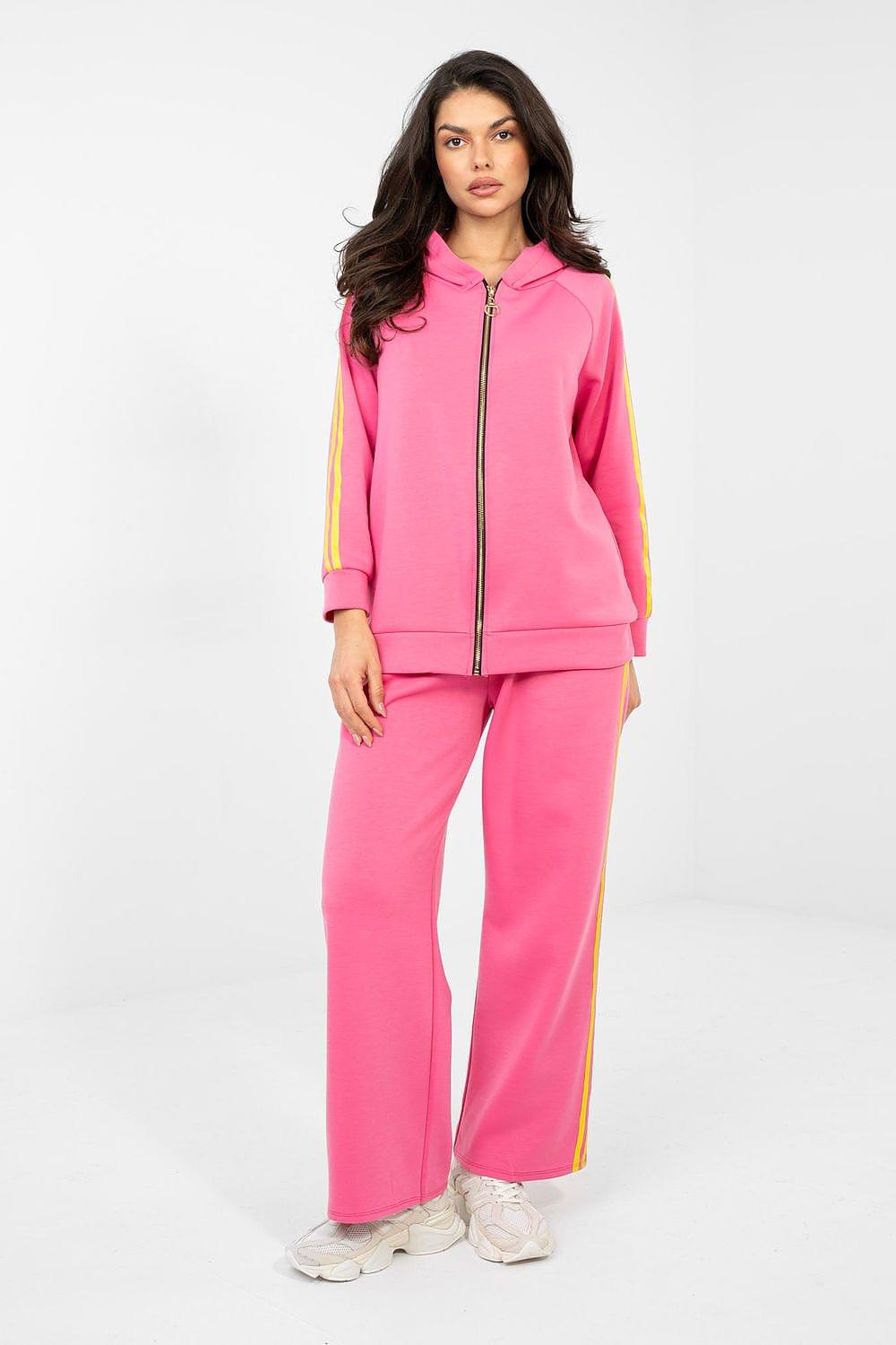 Pink zip-front tracksuit hoodie and wide-leg pants with neon yellow side stripes.