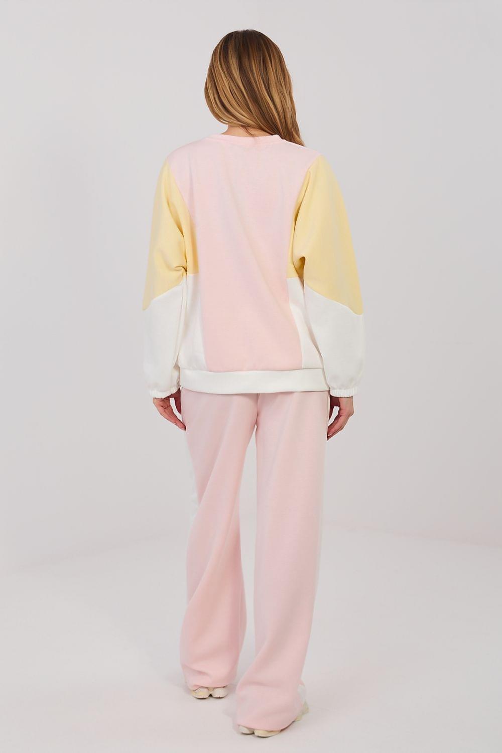Two-piece back view set: sweatshirt and wide-leg pants, pale pink with yellow sleeve accents