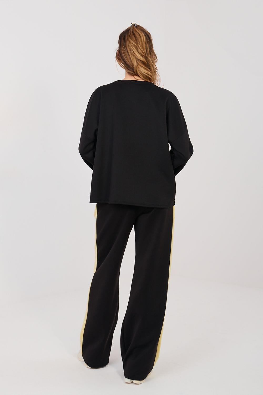 Black 2-piece pants set with yellow trim, back view