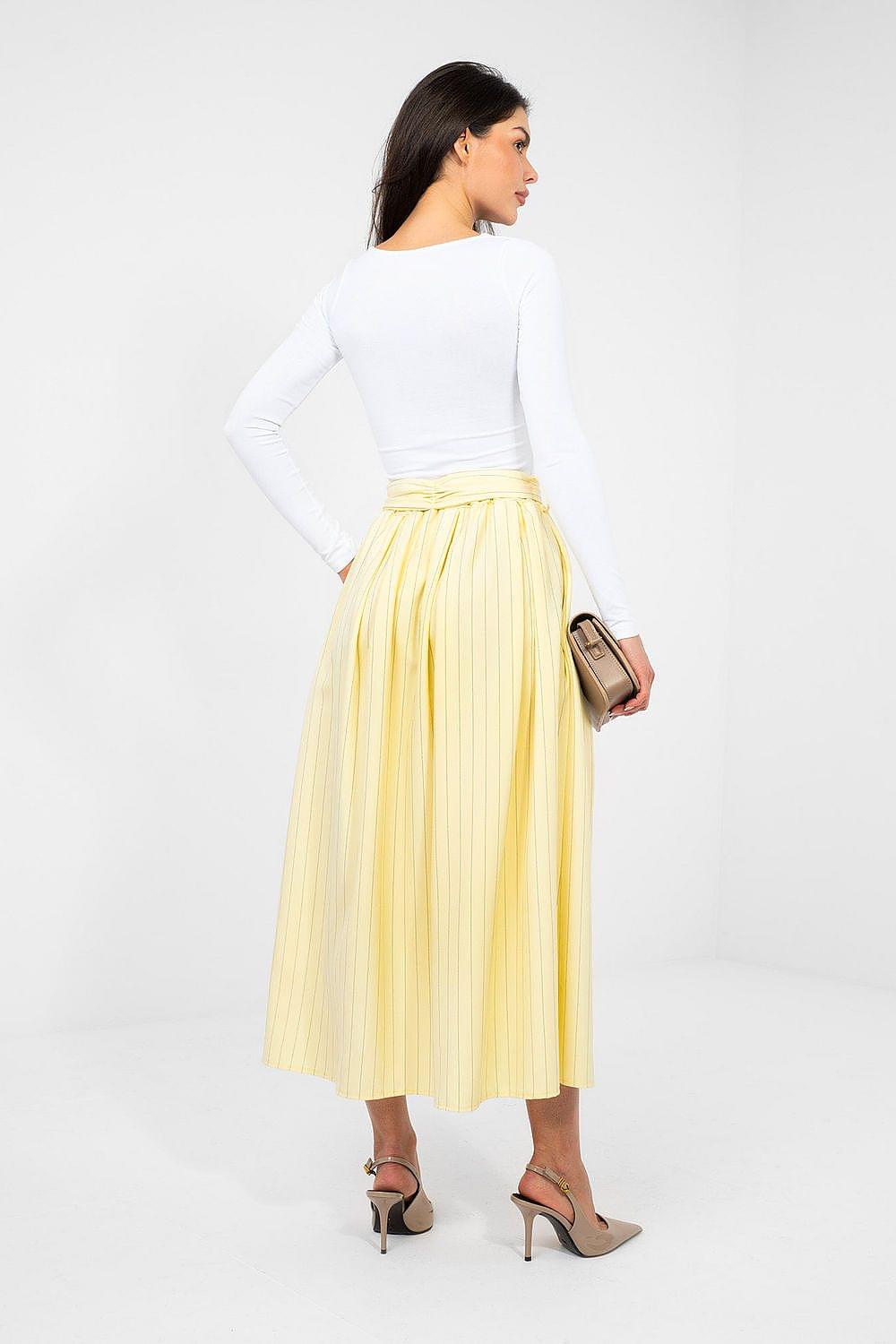 Yellow pleated midi skirt with elastic waistband and vertical pinstripes, back view.