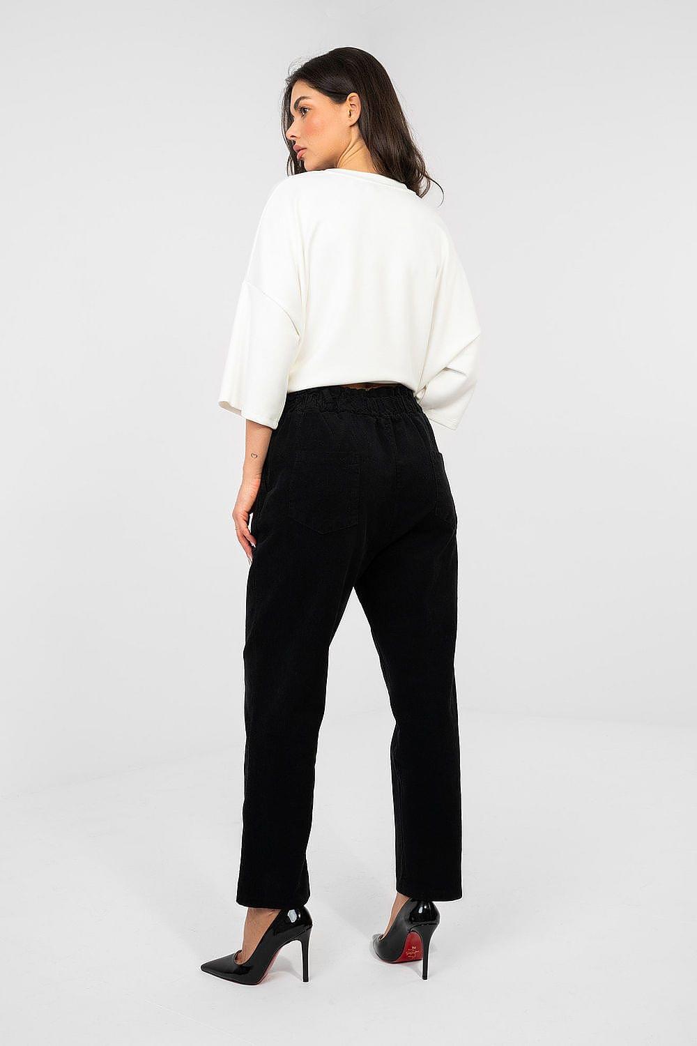 Black corduroy trousers, back view with button waistband and straight legs