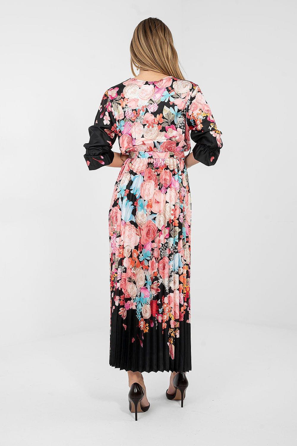 Black floral midi daydress with puff sleeves, tied waist belt, back view