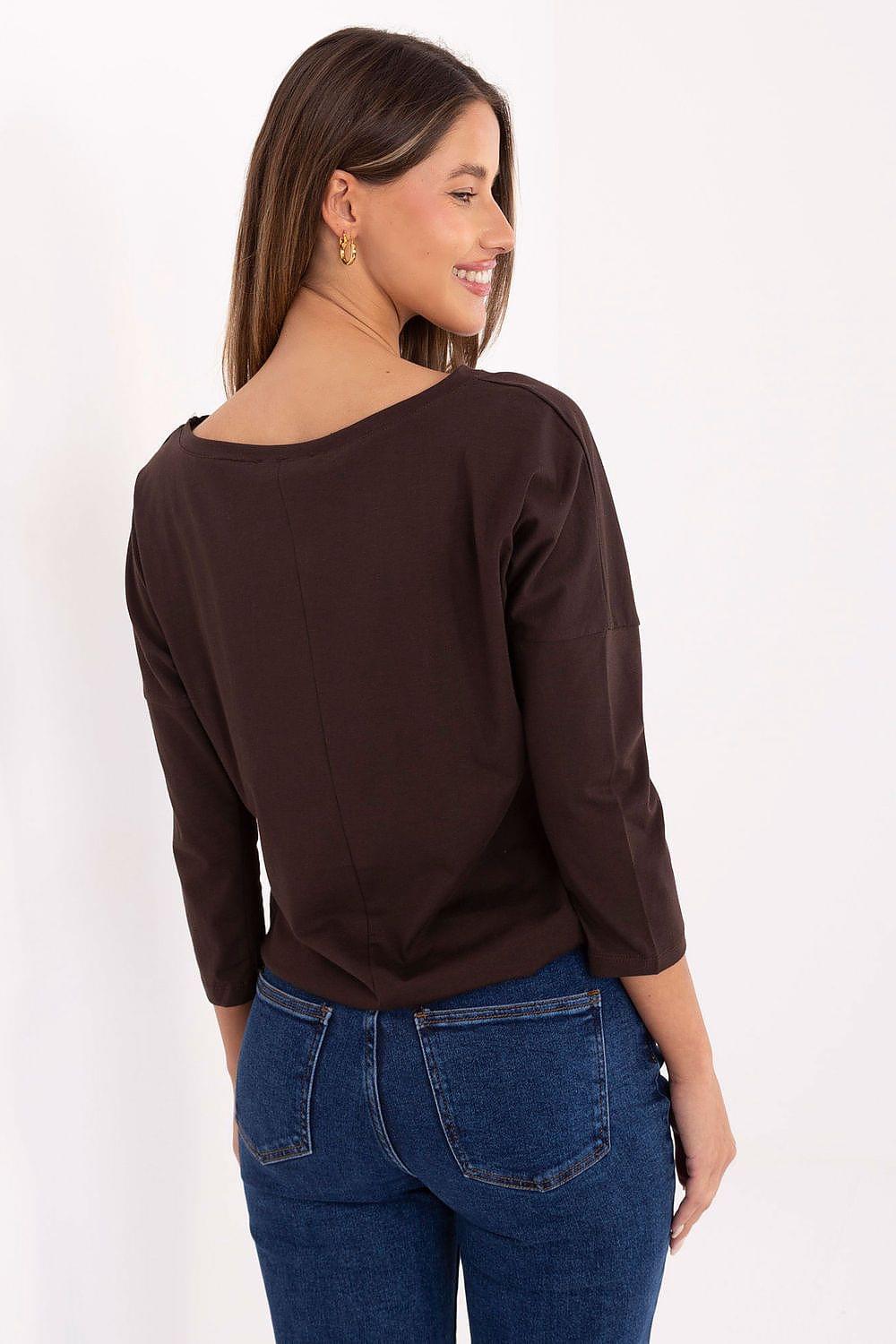 Dark brown blouse with round back, loose 3/4 sleeves, no front detailing