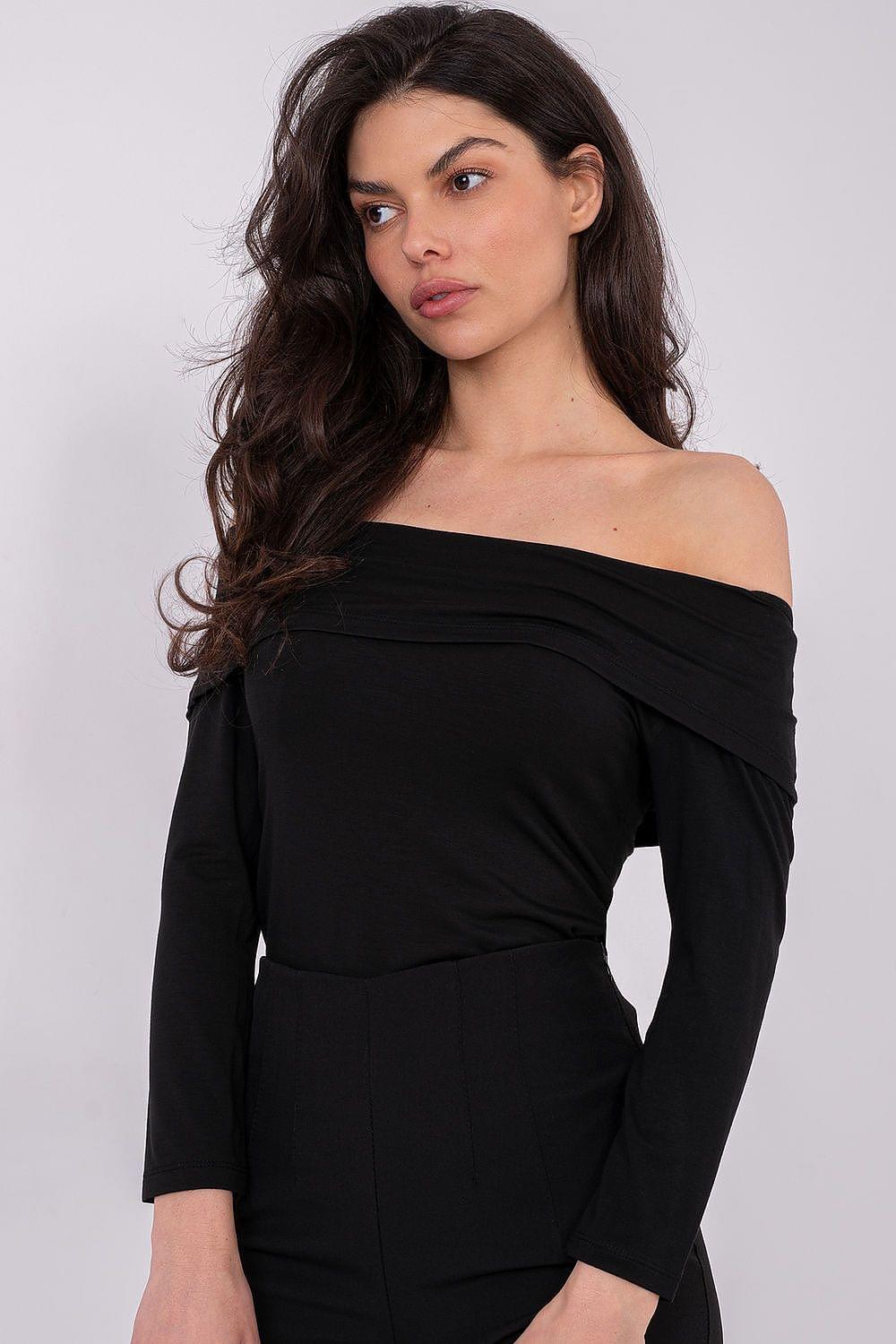 Off-shoulder long-sleeve blouse, black, fitted bodice with wide neckline