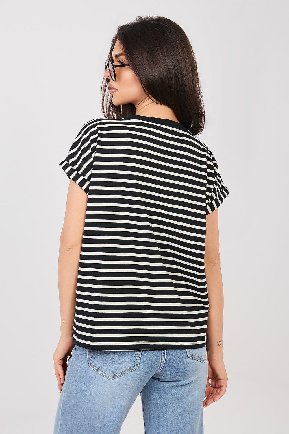 Striped T-shirt, black and white horizontal stripes, short sleeves, crew neck, back view.