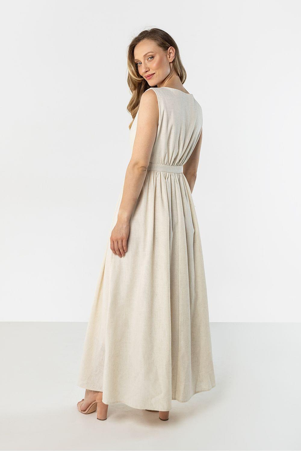 Awama sleeveless daydress, scoop neck, gathered waist, light beige maxi skirt