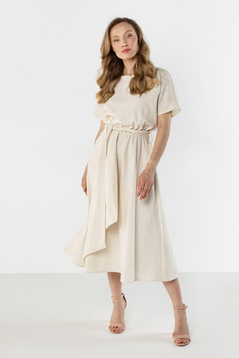 Cream midi daydress with short sleeves and flowing bow tie belt
