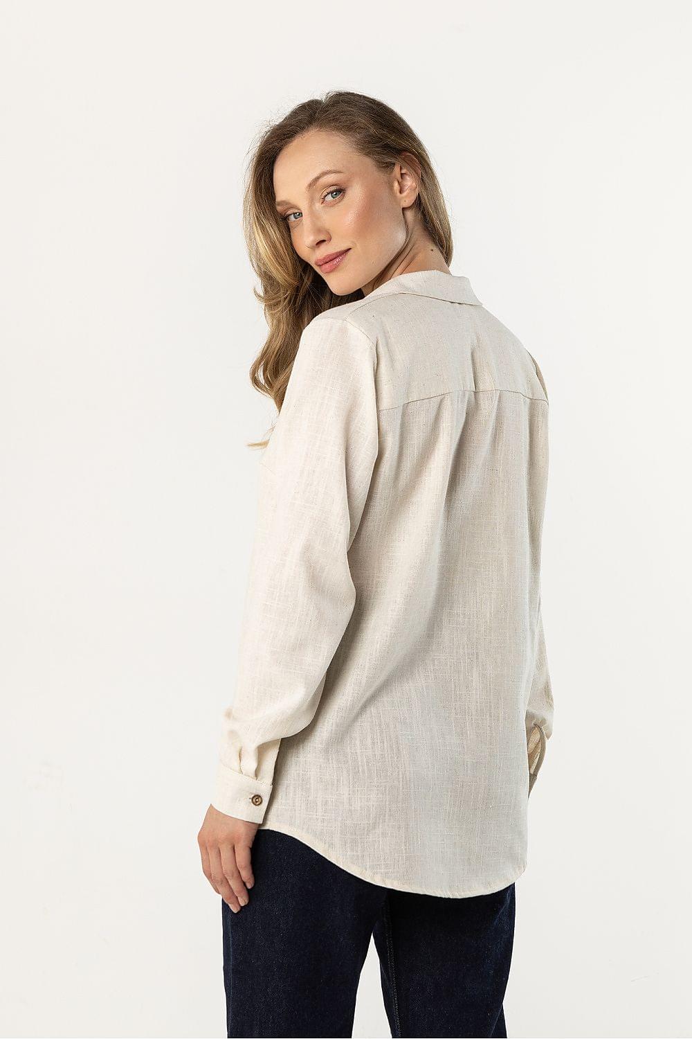 Long-sleeve shirt, light beige button-up with long sleeves, side view