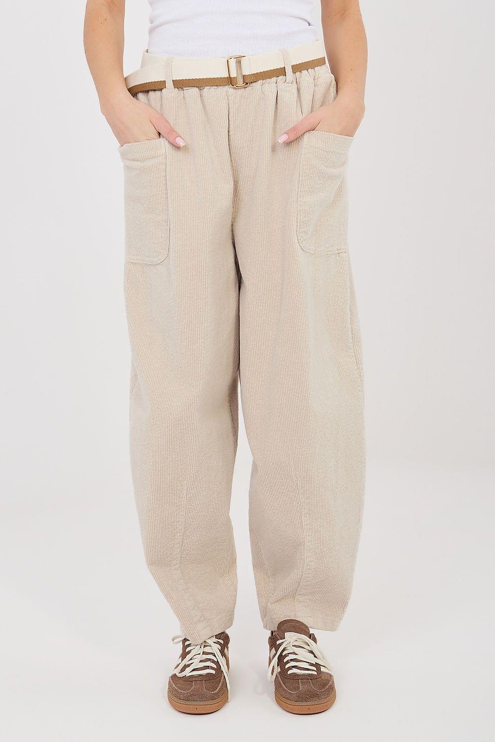 Beige corduroy trousers with patch pockets, belt loops, and cuffed tapered legs