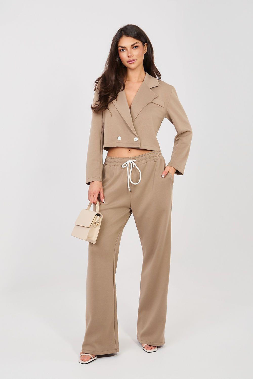 Beige cropped blazer and wide-leg trousers set, drawstring waist, lapels, two-button front