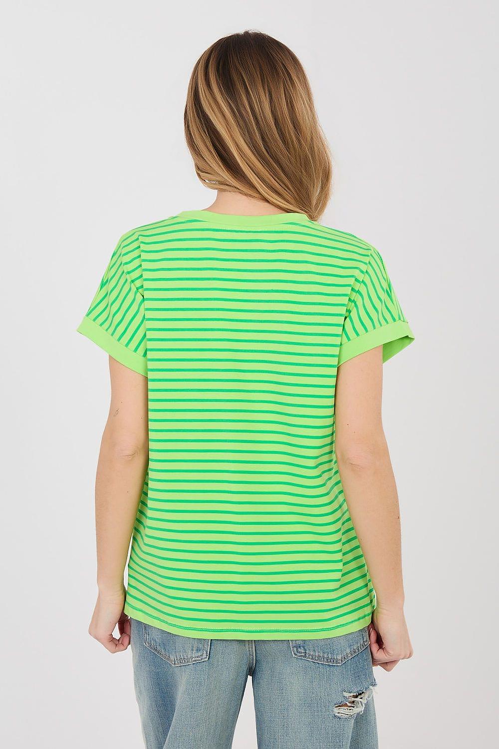 Relevance green striped T-shirt with crew neck and short sleeves, back view