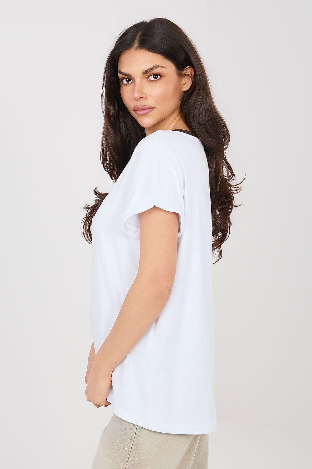 White blouse with short sleeves and crew neck, side view
