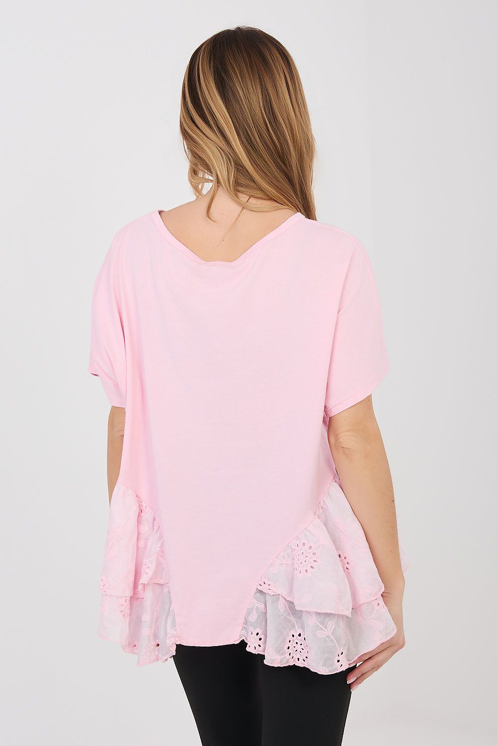 Pink short-sleeve blouse, back view, tiered lace ruffle hem