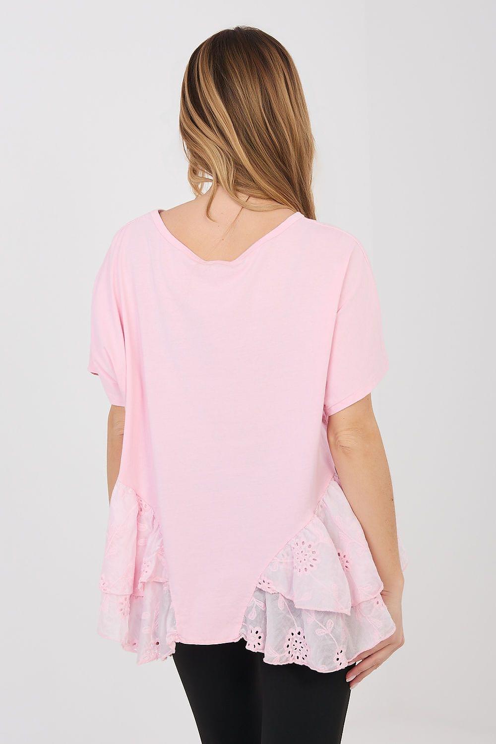 Pink blouse back view with short sleeves and layered ruffle hem with eyelet trim