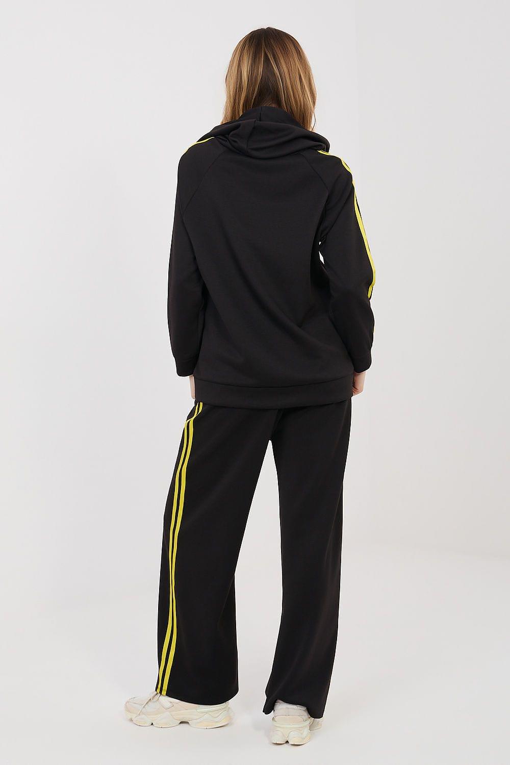 Back view of black tracksuit set with hooded top and wide-leg joggers, neon stripes