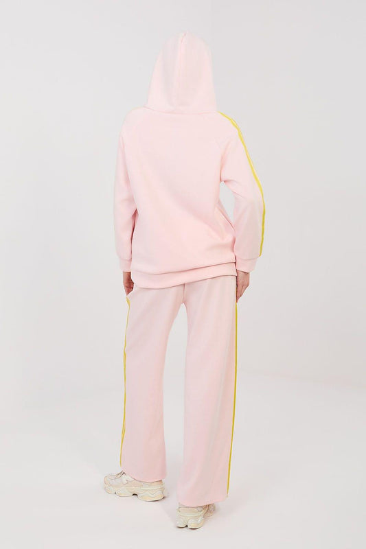 Pink tracksuit set back view with yellow piping: hooded zip jacket and pants