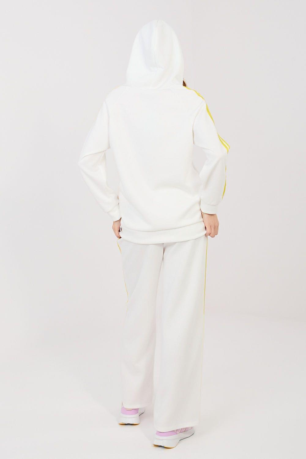 Back view white hoodie and track pants set with yellow stripe trim
