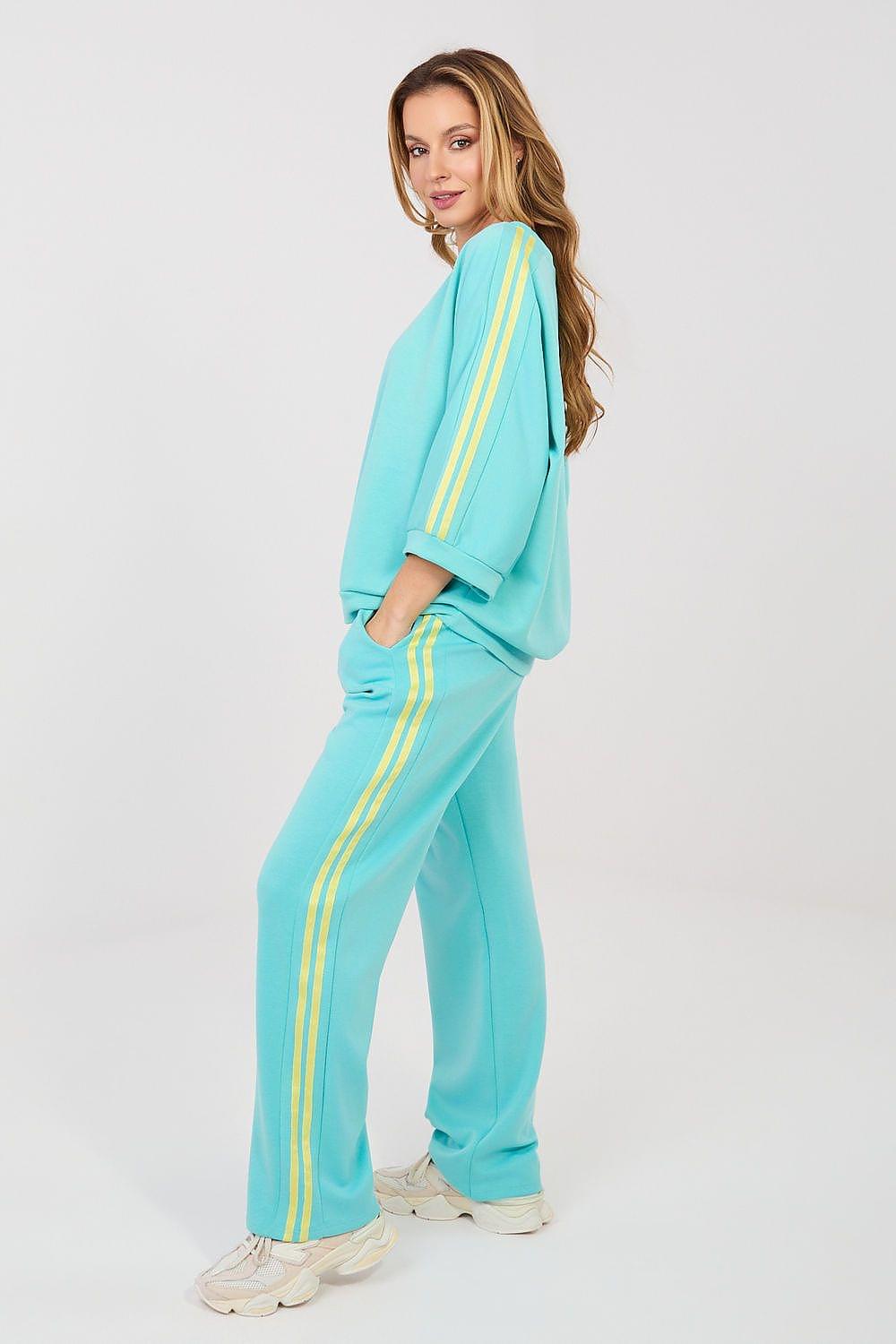 Turquoise tracksuit set with yellow side stripes, drawstring waist and long-sleeve top