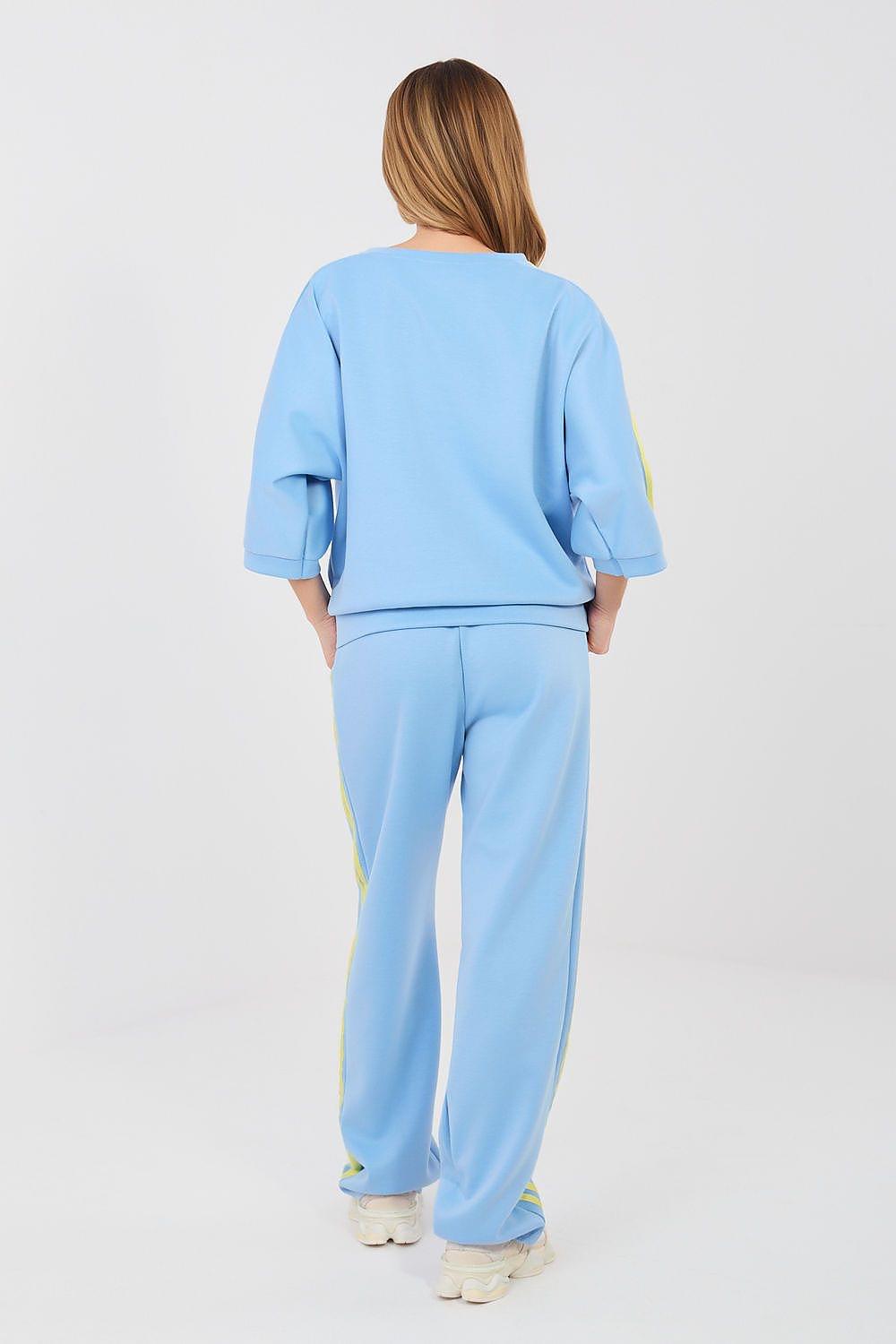 Light blue tracksuit set, back view of sweatshirt and drawstring joggers with stripes