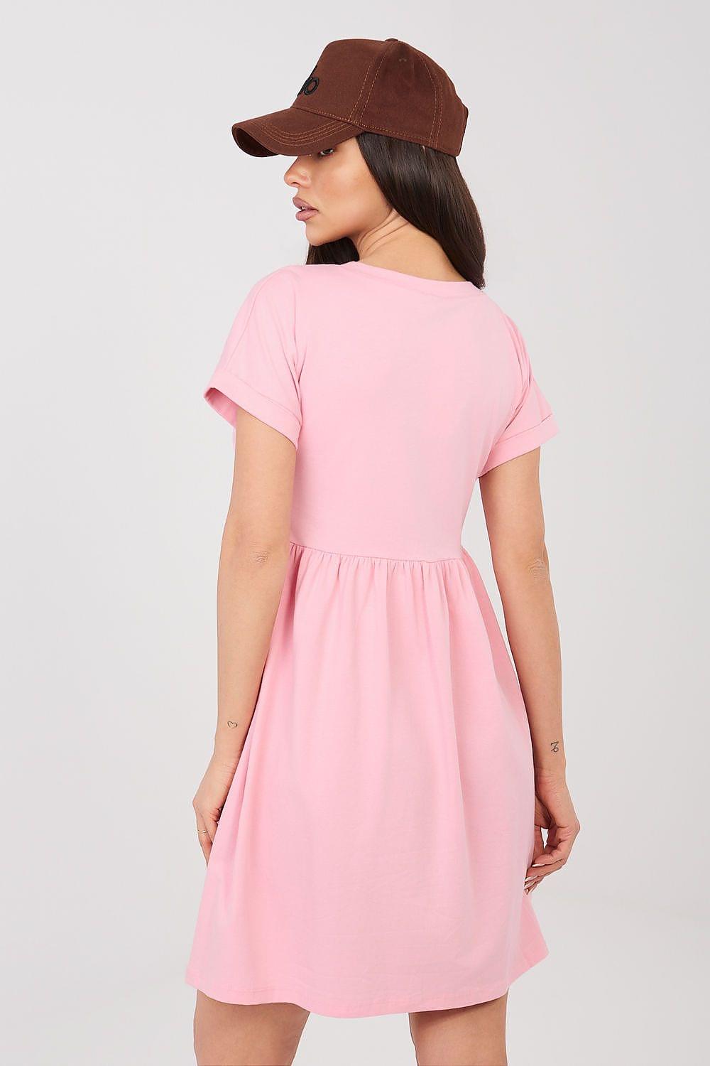 Pink short-sleeve daydress with round neck and gathered waist, back view