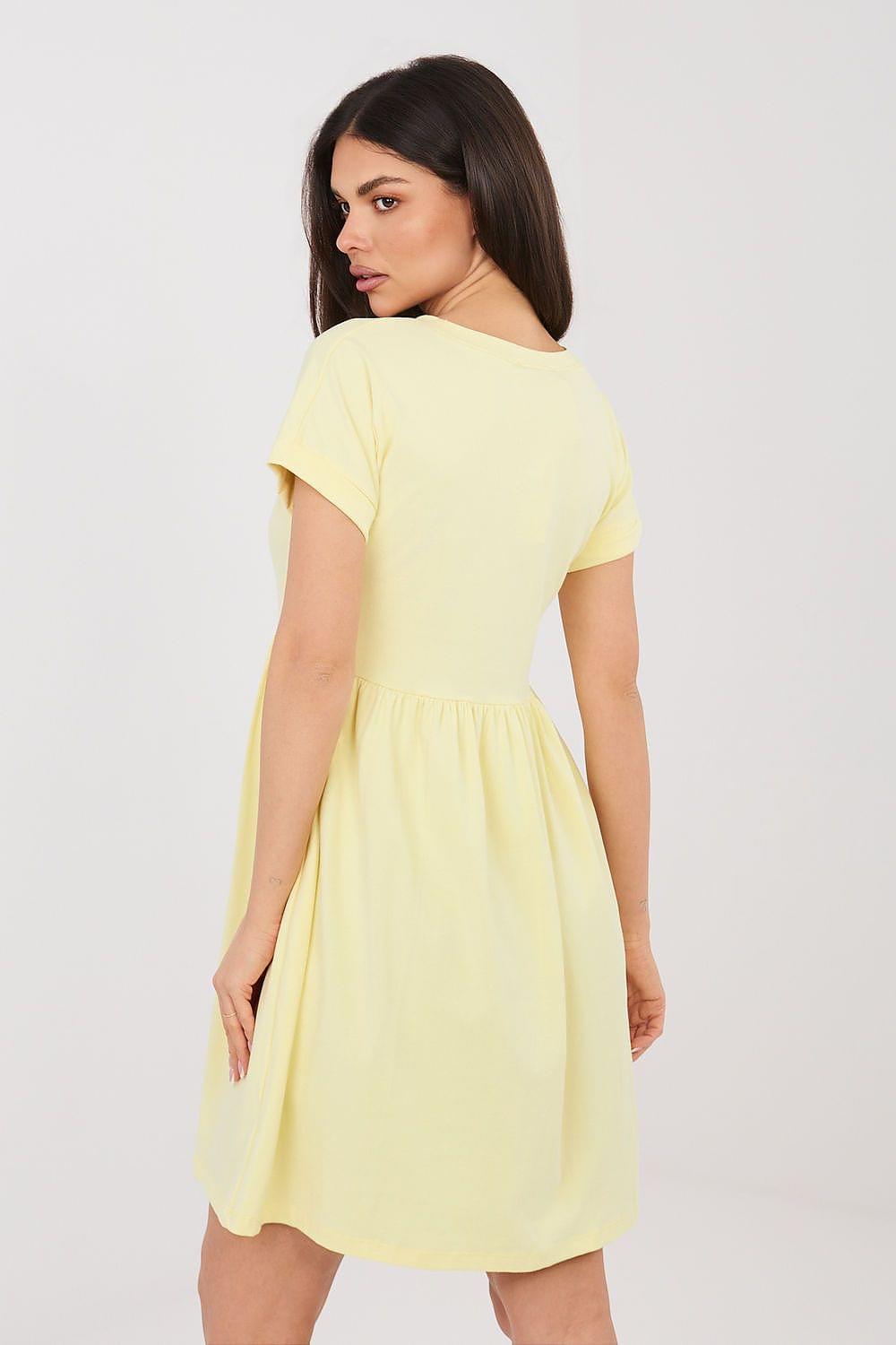Yellow daydress with cap sleeves, round back neck, gathered waist, flared skirt