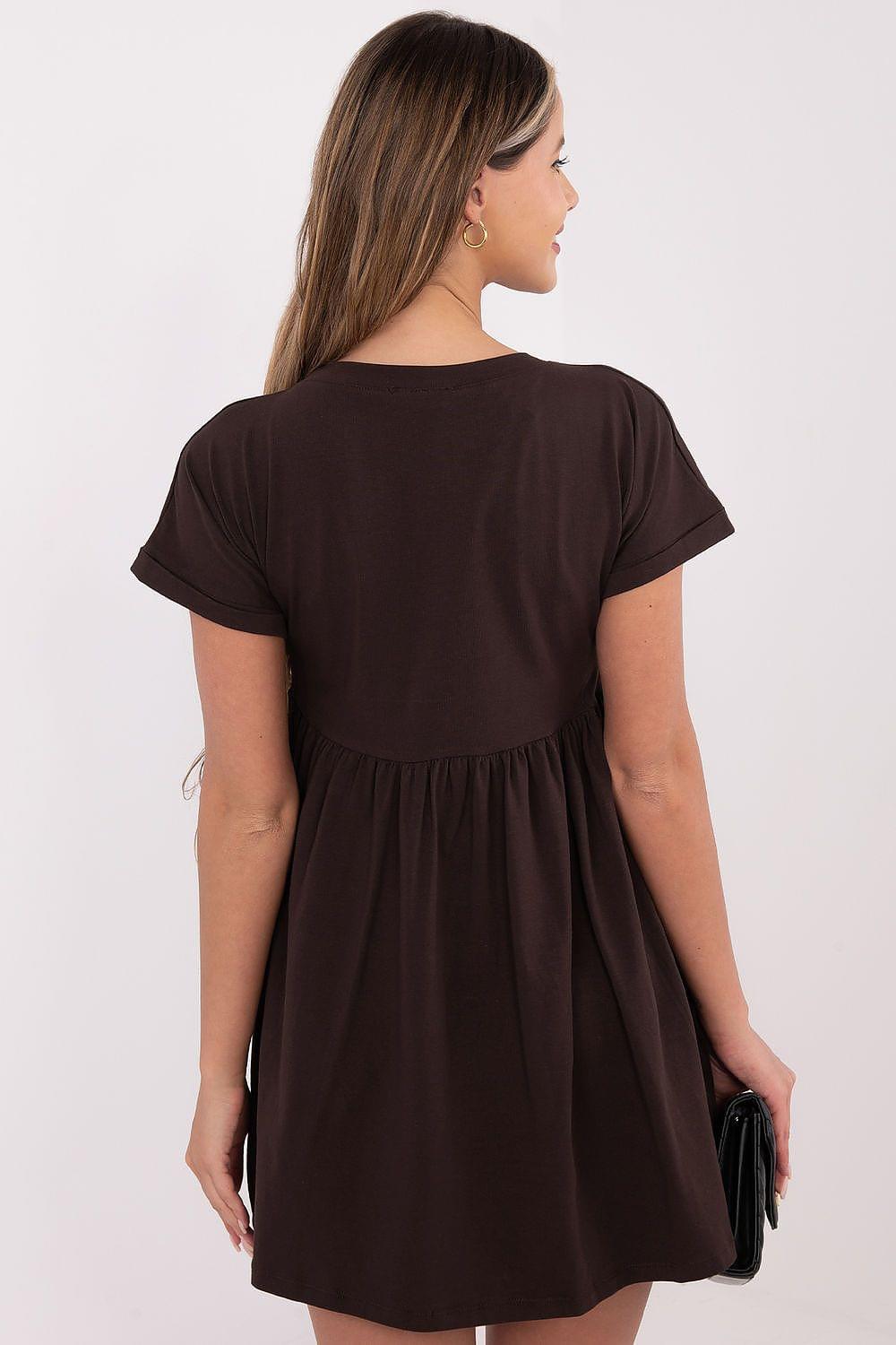 Dark brown short-sleeve daydress with gathered waist, back view.