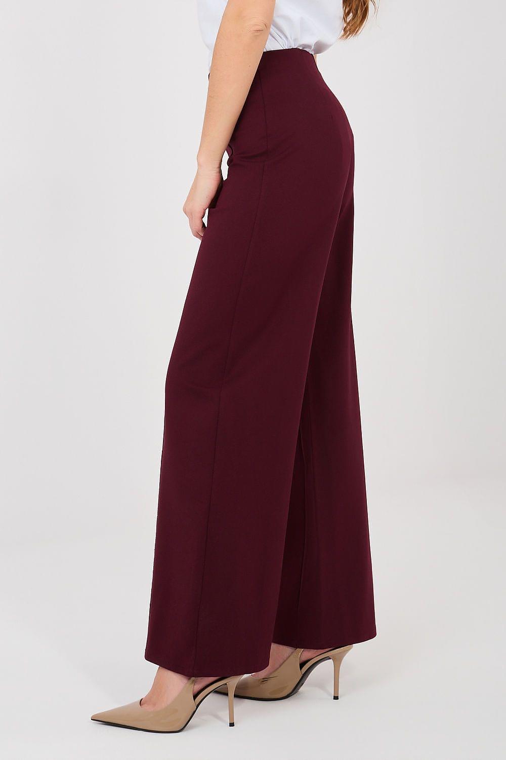 Women's violet wide-leg trousers, side view with tailored hem