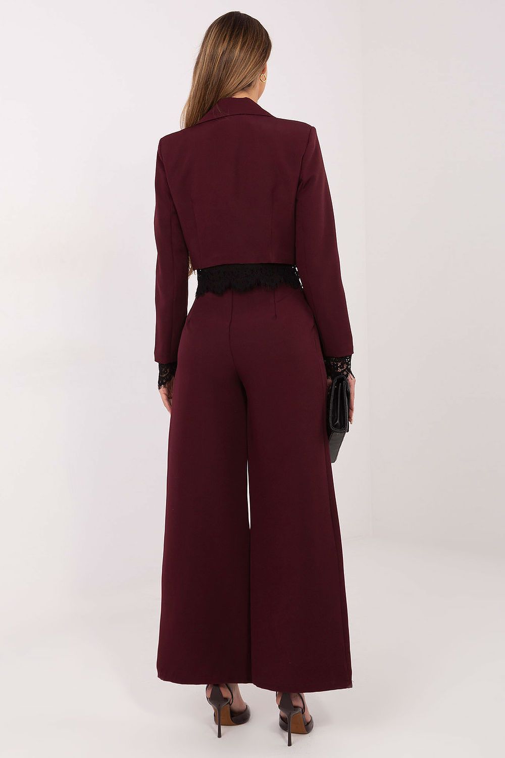 Burgundy wide-leg trousers with high back rise and lace-trim hem