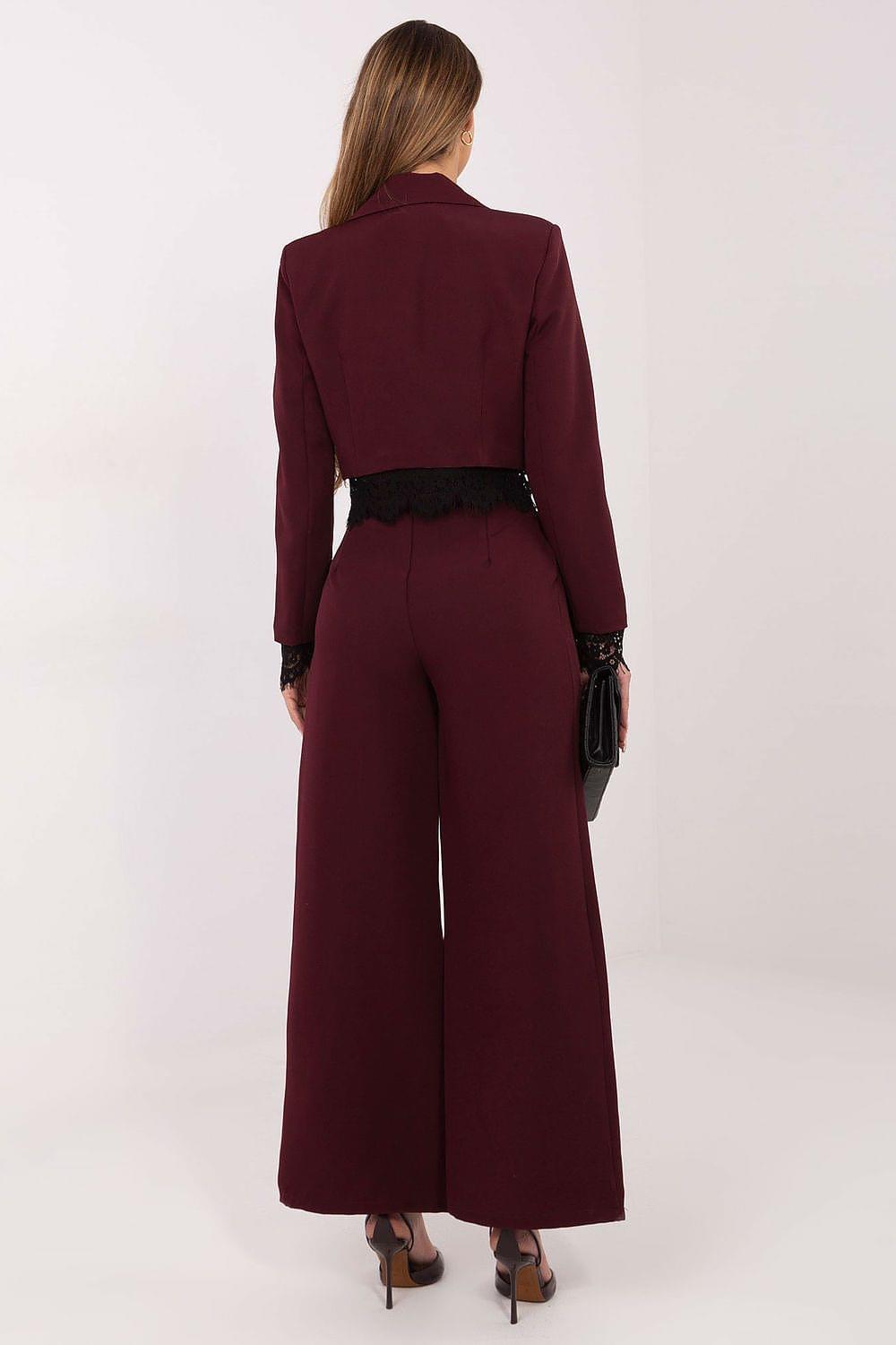 Women’s wide-leg trousers, dark burgundy, back view with relaxed straight legs