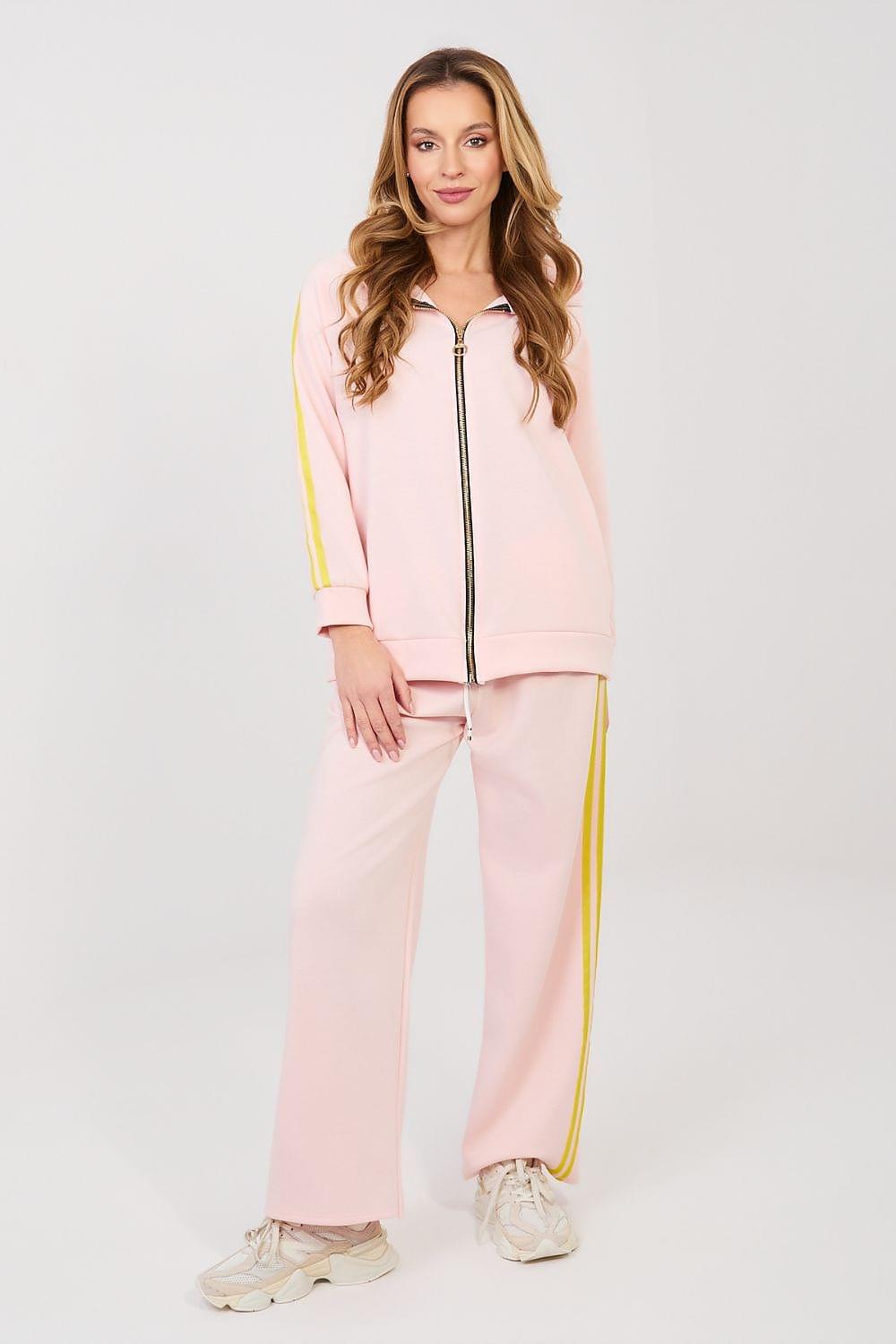 Pink tracksuit set with yellow piping, full-zip hooded jacket and wide-leg pants