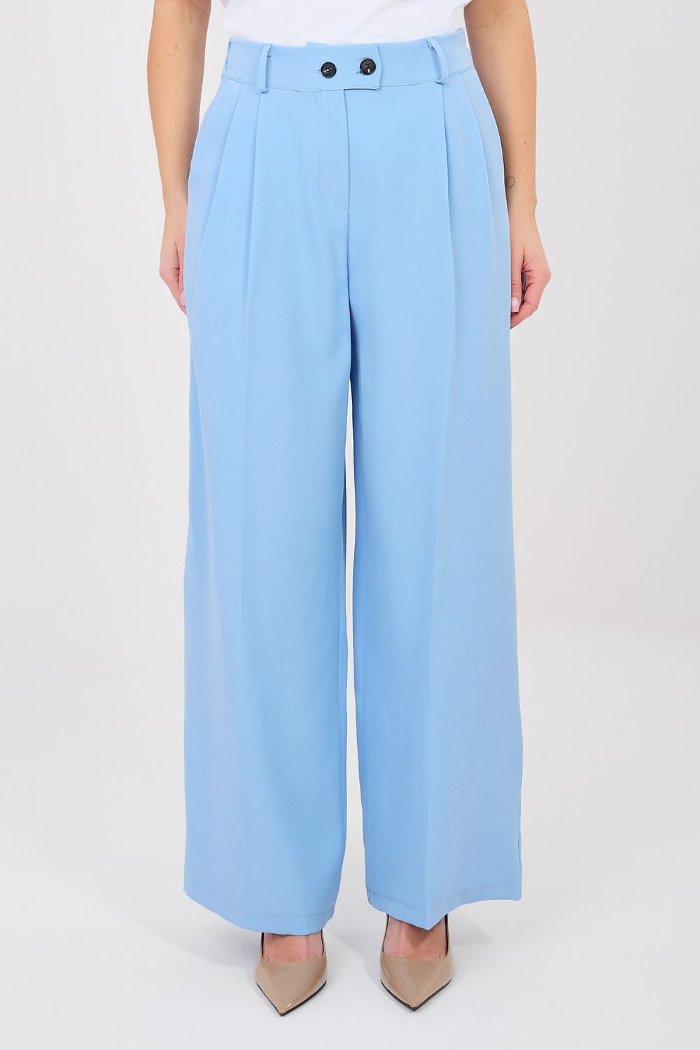 Women's light blue wide-leg trousers with belt loops and double-button waistband