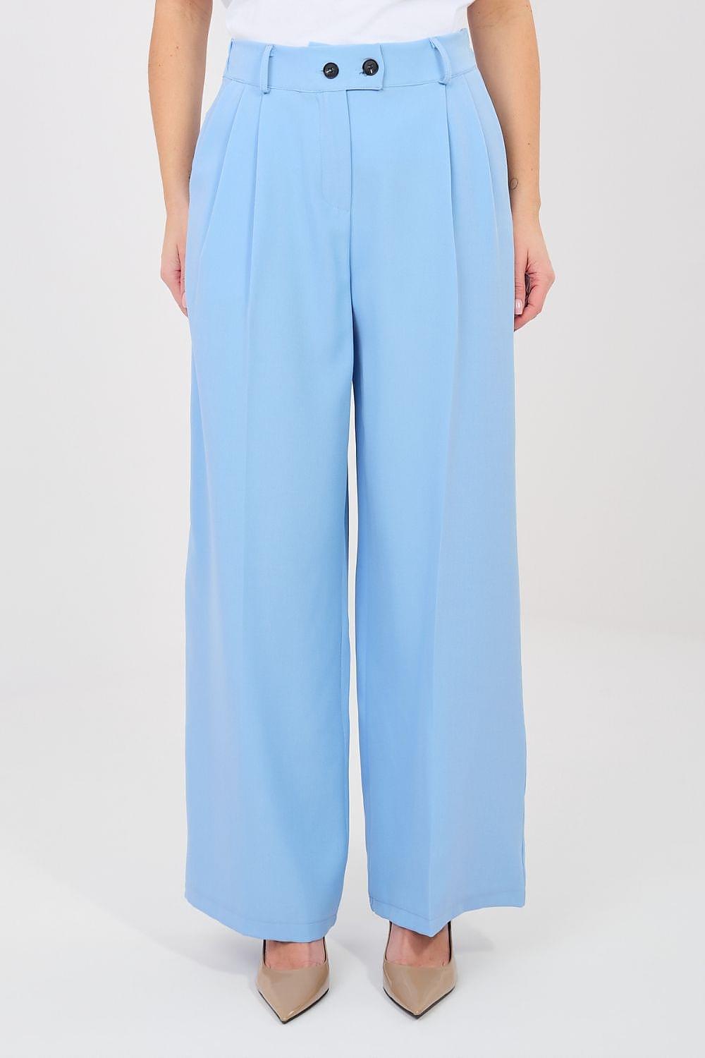 Women’s blue wide-leg trousers with two-button front and belt loops