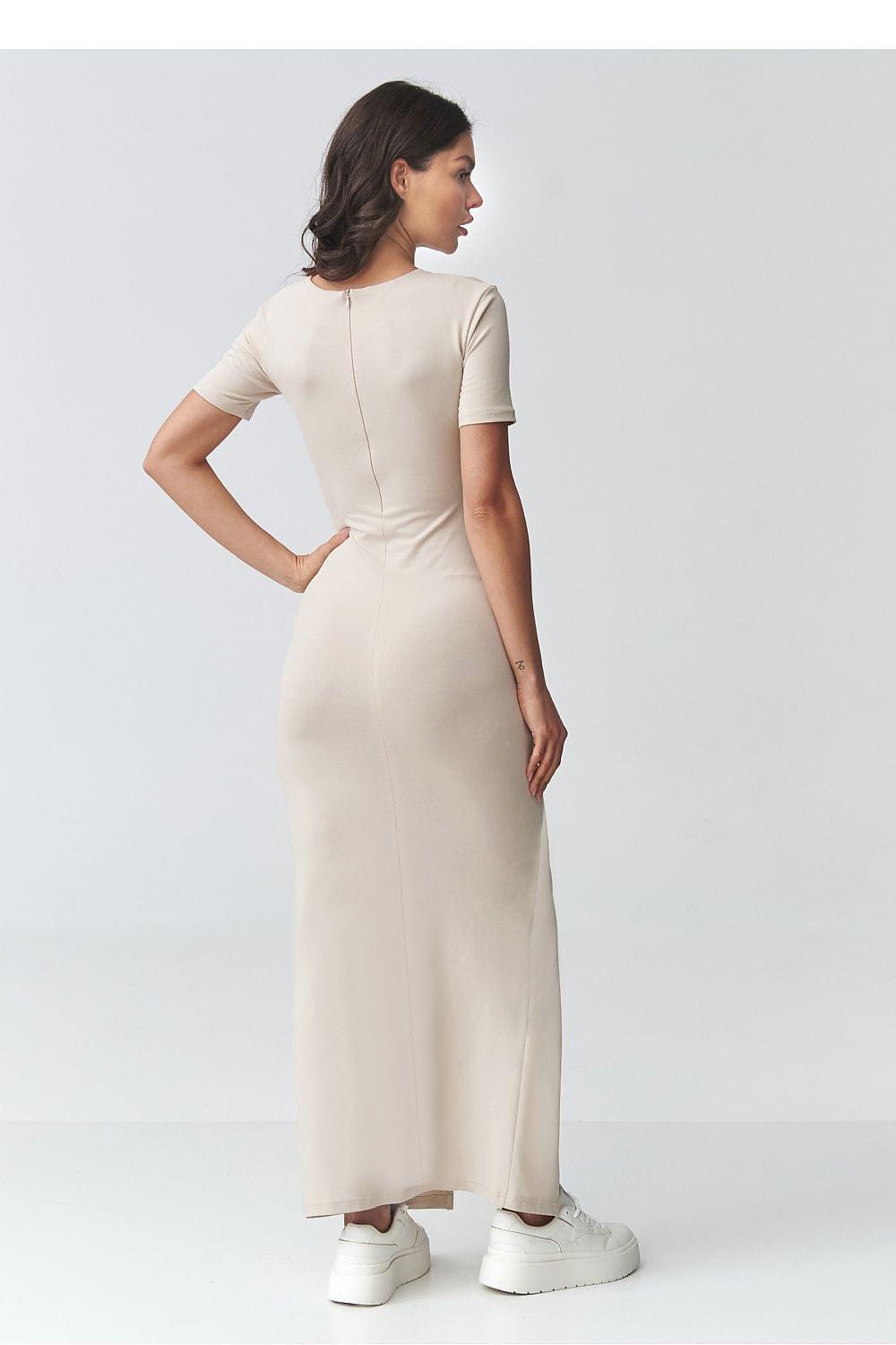 Beige fitted maxi day dress with short sleeves and gathered waist seam detail