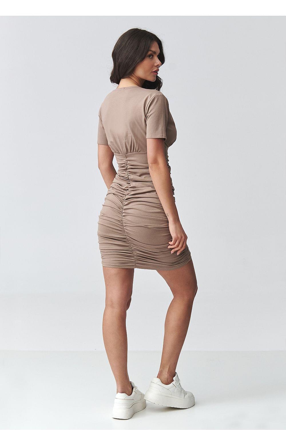 Taupe ruched daydress with short sleeves, rear view with gathered waist