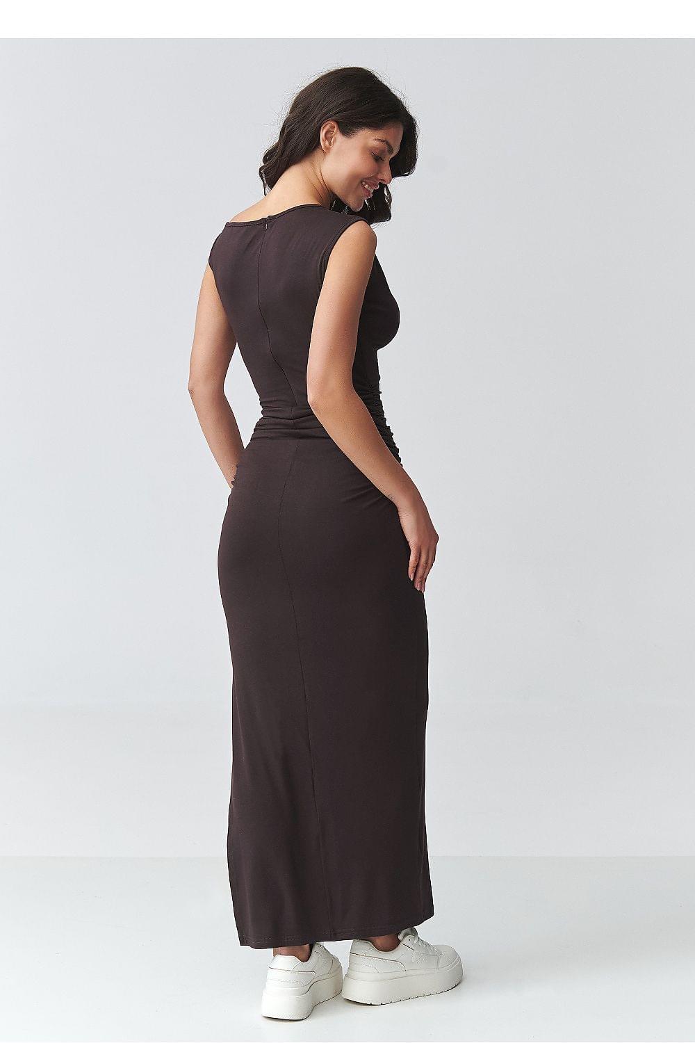 Brown back-view day dress with draped fitted silhouette and side slit