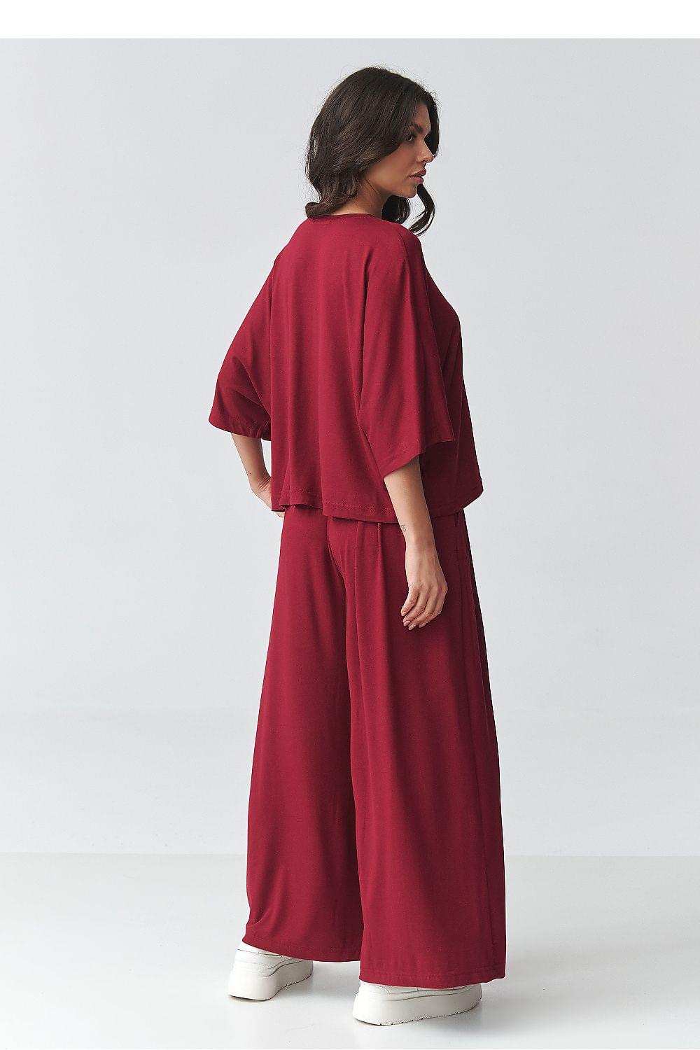Red loungewear set, back view: loose dolman top and wide-leg pants with gathered waist