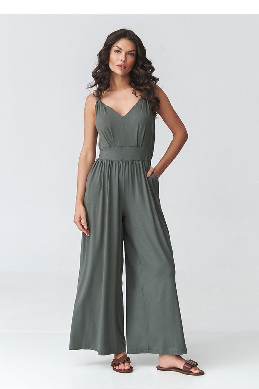 Green V-neck sleeveless jumpsuit with gathered waist and wide legs