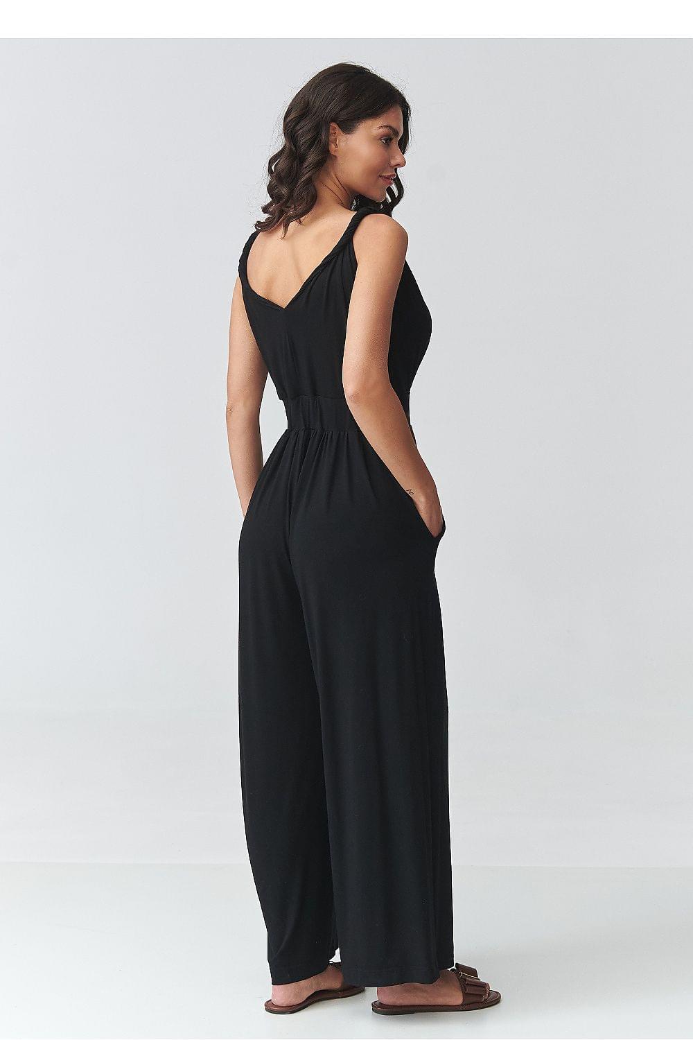 Black sleeveless V-neck backless jumpsuit with gathered waist and wide-leg pants