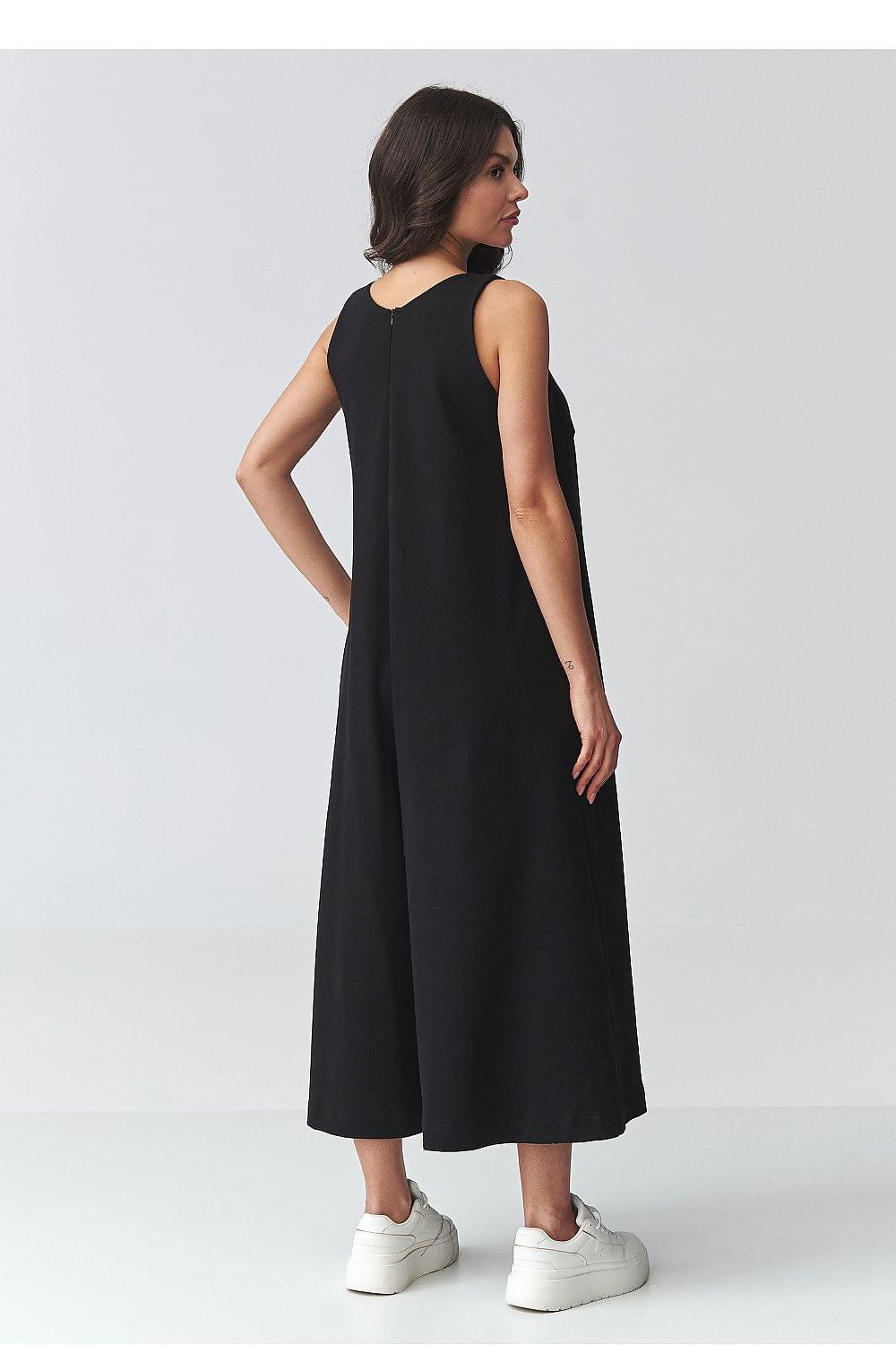 Black sleeveless jumpsuit back view with flowing wide-leg cut