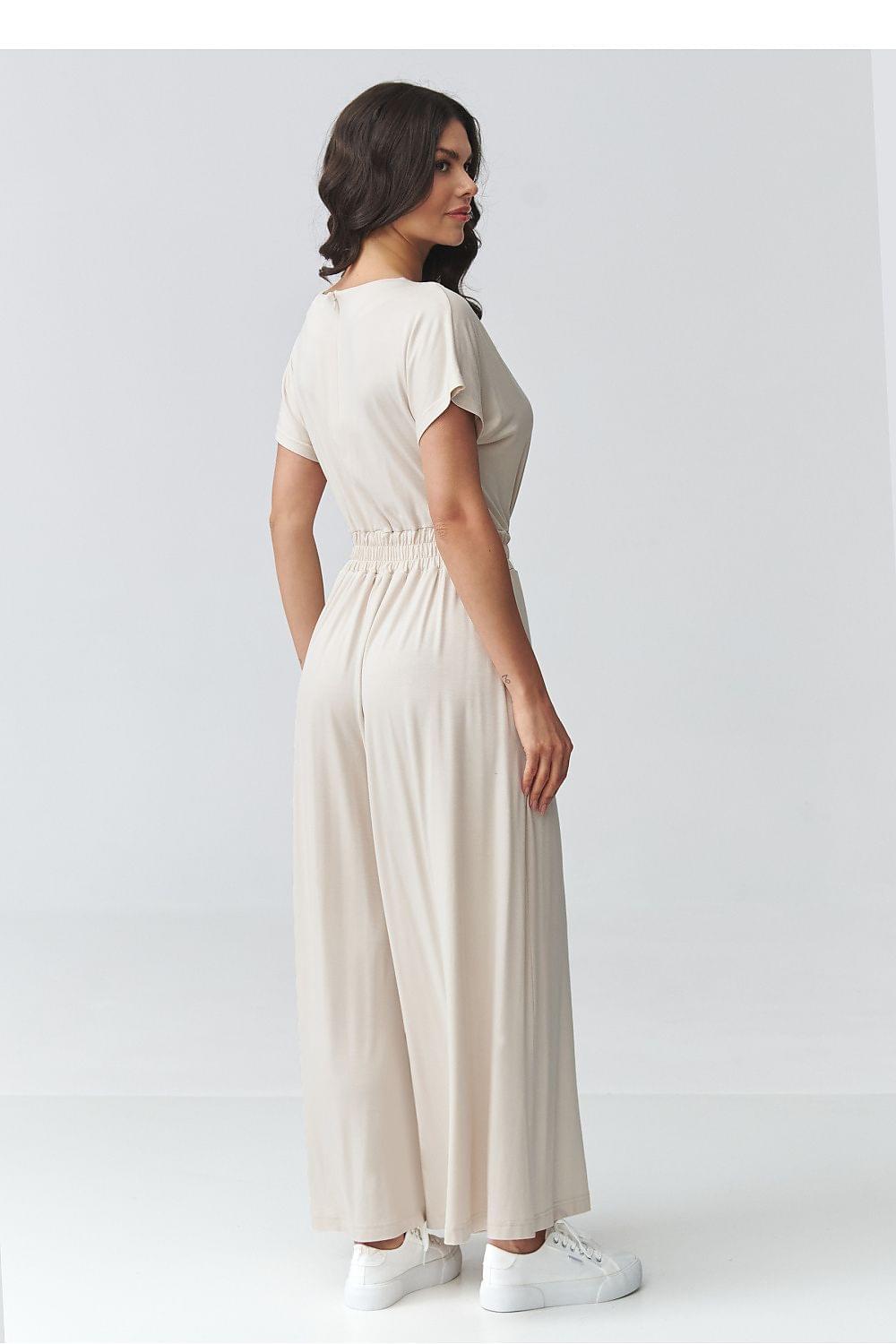 Off-white maxi dress back with short sleeves and gathered elastic waist