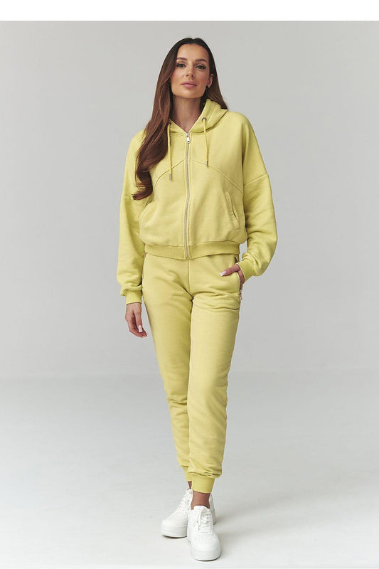 Lime zip hoodie and jogger pants tracksuit set, side front view