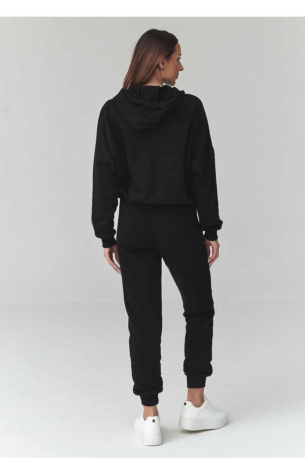 Black hoodie and jogger set, rear view with drawstring hood