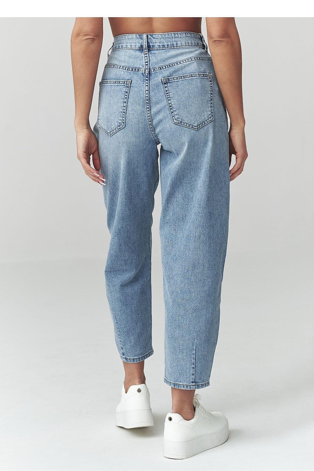 Back view of light blue denim jeans with belt loops and two back pockets