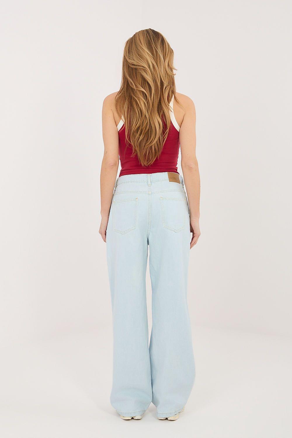 Light blue wide-leg jeans, back view with yoke seam, belt loops, and back pockets